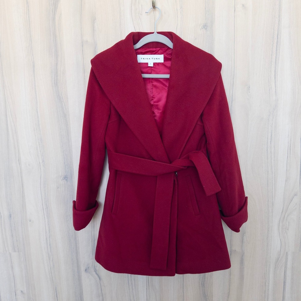 Trina Turk Womens Coat 2 Red Wool Cashmere Blend Shawl Collar Belted Old Money